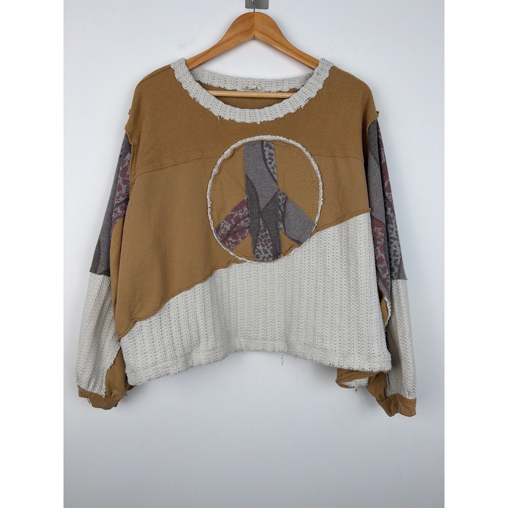 POL Peace Sign Patchwork Sweatshirt M Brown Tan Crochet Trim Boho Oversized